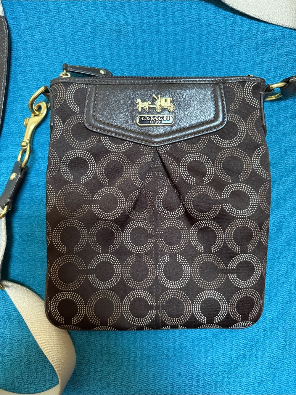 Coach Brown Signature Canvas Messenger Crossbody with Purple Lining